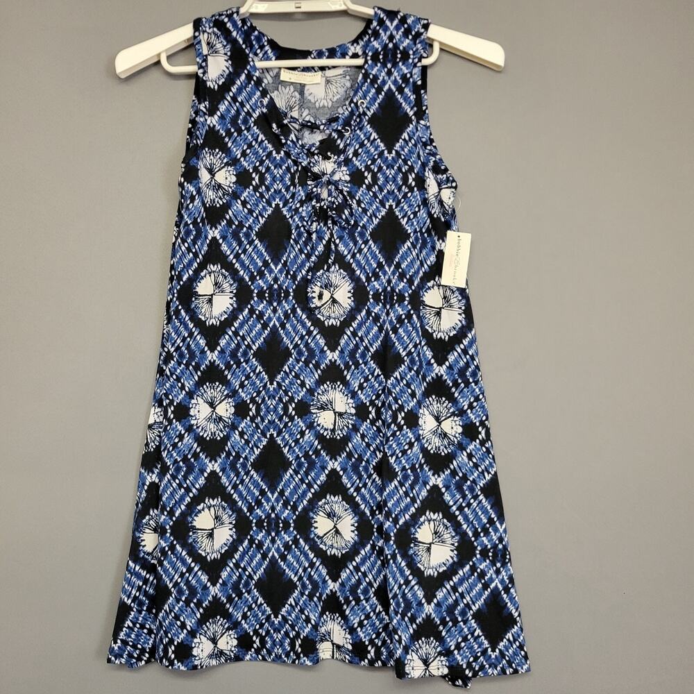 Bobbie Brooks Tank Tunic Dress Womens S Blue Black Geometric Soft Sleeveless